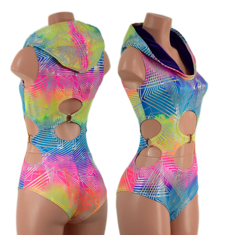 Spectrum Holographic Hooded O-Ring Romper with Siren Cut Leg - Coquetry Clothing