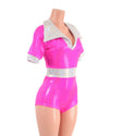 Neon Pink Romper with Banded Tee Sleeves, Disco Collar, and Contrast Waistband - 3