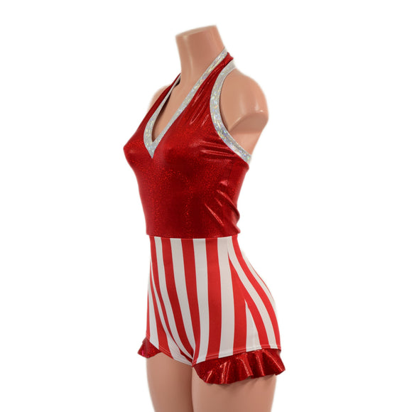 Backless Bella Romper with V Neck and Hip Ruffles