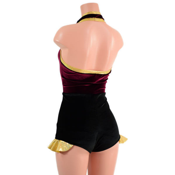 Backless Romper with Hip Ruffles in Burgundy and Black Velvet, with Gold Trim - 4