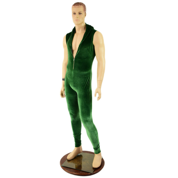 Mens Green Velvet Zipper Catsuit - 2