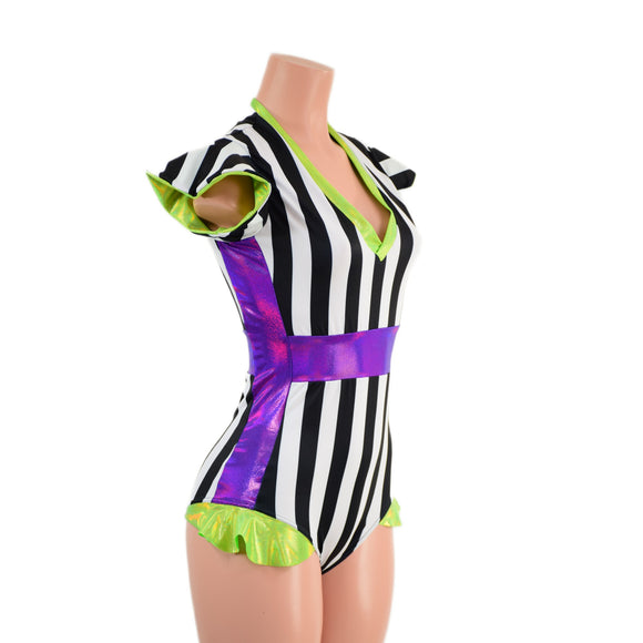 Black and White Striped Romper with Lime and Grape Trim