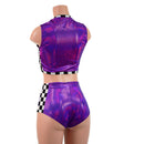 Checkered and Grape Holographic Mini V Neck Crop and Side Panel Siren Shorts Set-7
