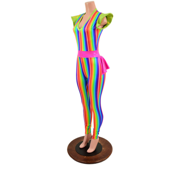 Rainbow Stripe Flip Sleeve Catsuit with Ruffle Rump