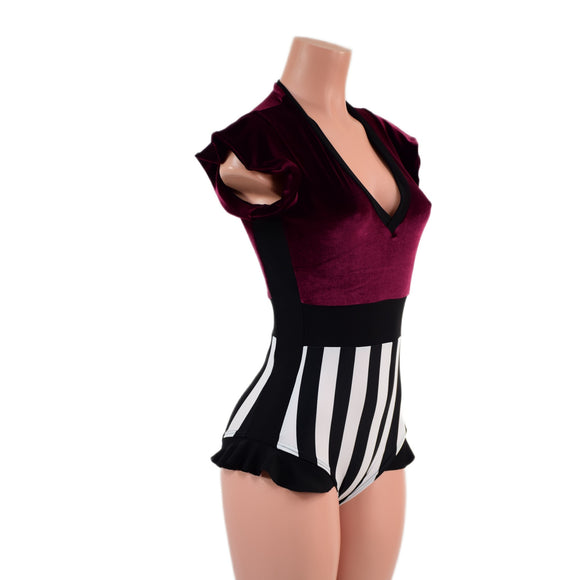 Circus Stripes and Burgundy Velvet Flip Sleeve Paneled Romper