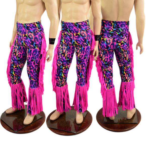 Rainbow Leopard Mens Bootcut Macho Pants with Gladiator Fringe