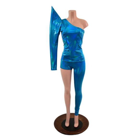 Lightning Bolt Asymmetrical Sharp Shoulder 2PC Set (Mock Catsuit