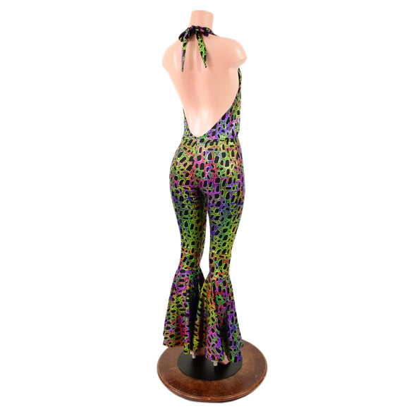 Poisonous Print Laceup Josie Halter Catsuit with Bell Bottoms