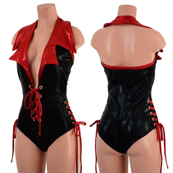 Backless Plunging Romper with Triple Laceup and Showtime Collar - 1