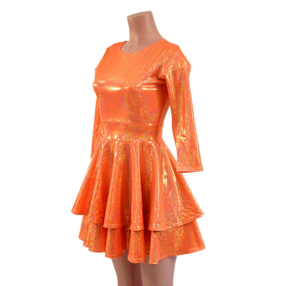 Double Ruffle Skater Dress with 3/4 Sleeves and Crew Neck
