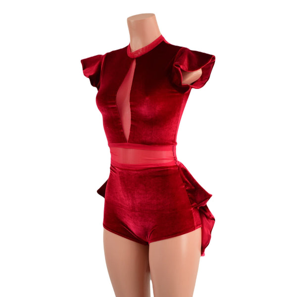 Red Velvet Romper with Inset Mesh Keyhole Neckline and Mini Tux Back Tails - 6