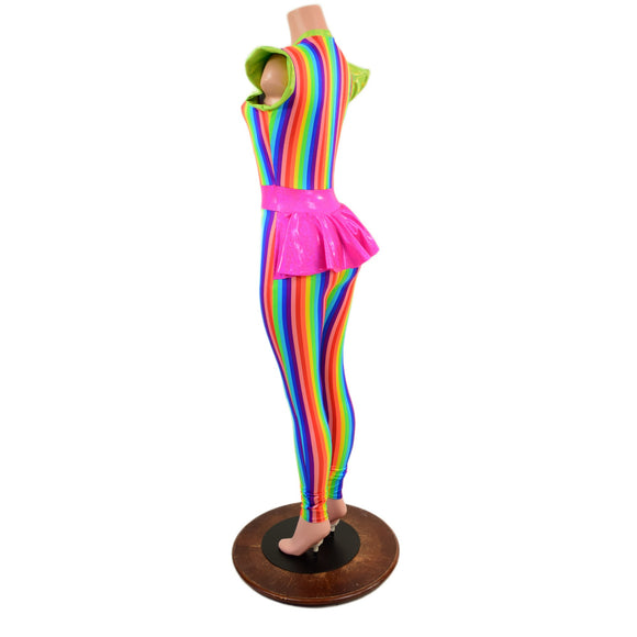 Rainbow Stripe Flip Sleeve Catsuit with Ruffle Rump