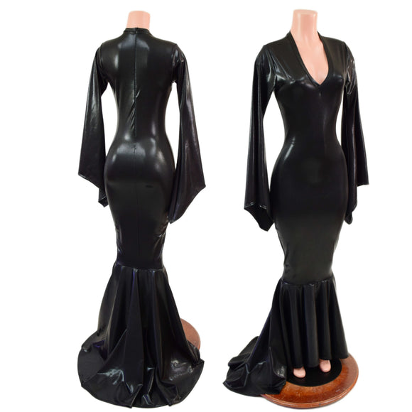 Black Mystique Metallic Morticia Puddle Train Gown with V Neck and Pointy Sleeves