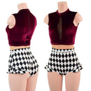 Burgundy Velvet, Diamonds, and Nude Mesh Romper with Inset Keyhole Neckline-1