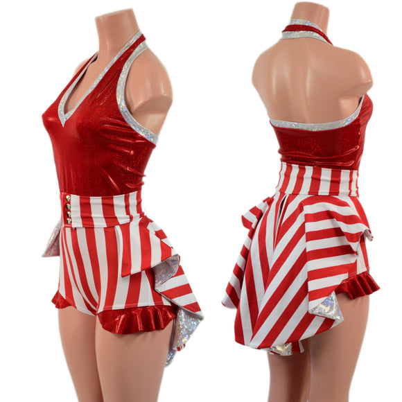 2PC Backless Bella Romper with V Neck and Hip Ruffles AND Mini Tux Back Belt Set