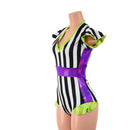 Black and White Striped Romper with Lime and Grape Trim-2