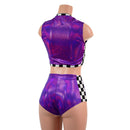 Checkered and Grape Holographic Mini V Neck Crop and Side Panel Siren Shorts Set-6