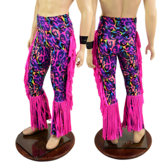 Rainbow Leopard Mens Bootcut Macho Pants with Gladiator Fringe