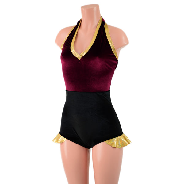 Backless Romper with Hip Ruffles in Burgundy and Black Velvet, with Gold Trim - 2