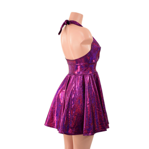 Fuchsia Sparkly Jewel Halter Skater Dress - 3