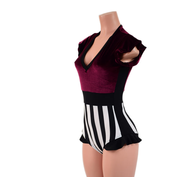 Circus Stripes and Burgundy Velvet Flip Sleeve Paneled Romper