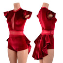 Red Velvet Romper with Inset Mesh Keyhole Neckline and Mini Tux Back Tails - Coquetry Clothing