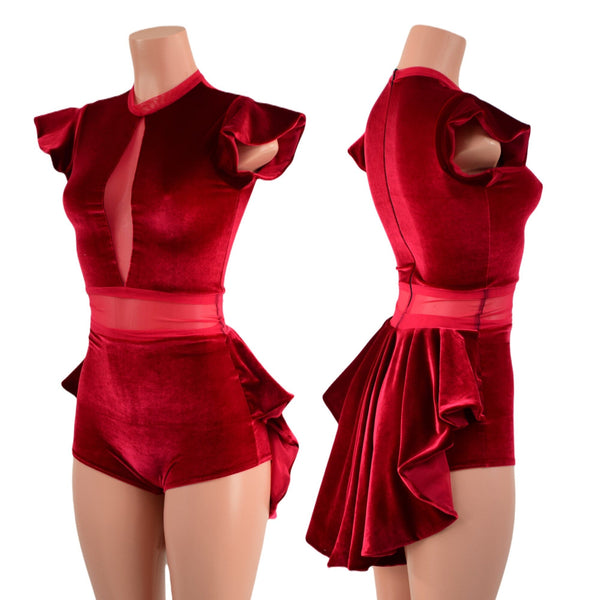 Red Velvet Romper with Inset Mesh Keyhole Neckline and Mini Tux Back Tails - 5