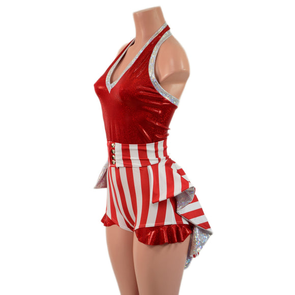 2PC Backless Bella Romper with V Neck and Hip Ruffles AND Mini Tux Back Belt Set