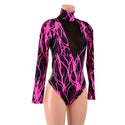 Neon Pink Lightning Romper with Black Mesh Inset Plunging V Neckline - 5