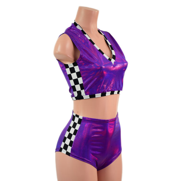 Checkered and Grape Holographic Mini V Neck Crop and Side Panel Siren Shorts Set