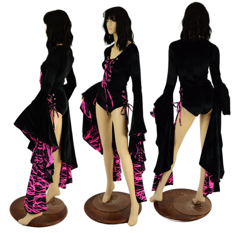 Black Velvet Sorceress Sleeve Romper with Neon Pink Lightning - Coquetry Clothing