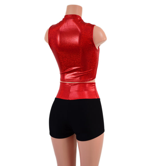 Red Sparkly Jewel and Black Zen 2pc Shorts and Crop Set