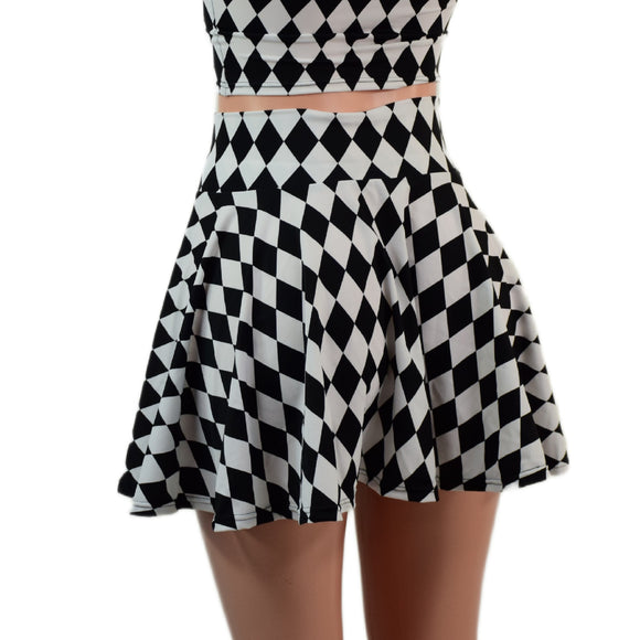 Black and White Diamond Print Circle Cut Mini Skirt