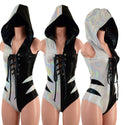 Color Split Laceup Romper with Plunging V neckline, Hood, and Hip Arcs - 1