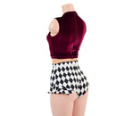 Burgundy Velvet, Diamonds, and Nude Mesh Romper with Inset Keyhole Neckline-2