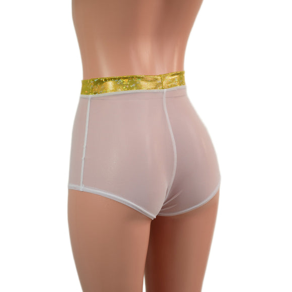 High Waist Pinup Shorts with Boy Cut Leg in Sheer White Mesh