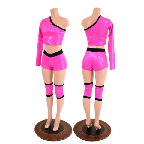 4PC Pink and Black Wrestling Shorts, Crop Top and Knee Pad Covers Set - Coquetry Clothing