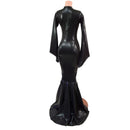 Black Mystique Metallic Morticia Puddle Train Gown with V Neck and Pointy Sleeves-7