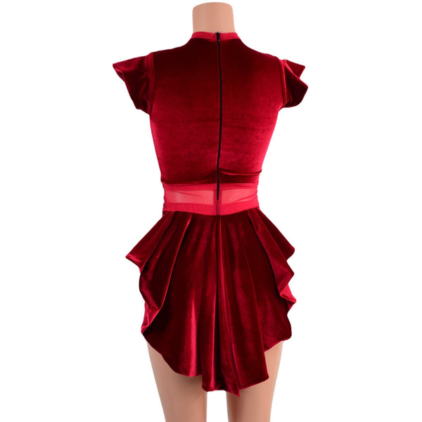 Red Velvet Romper with Inset Mesh Keyhole Neckline and Mini Tux Back Tails - 4