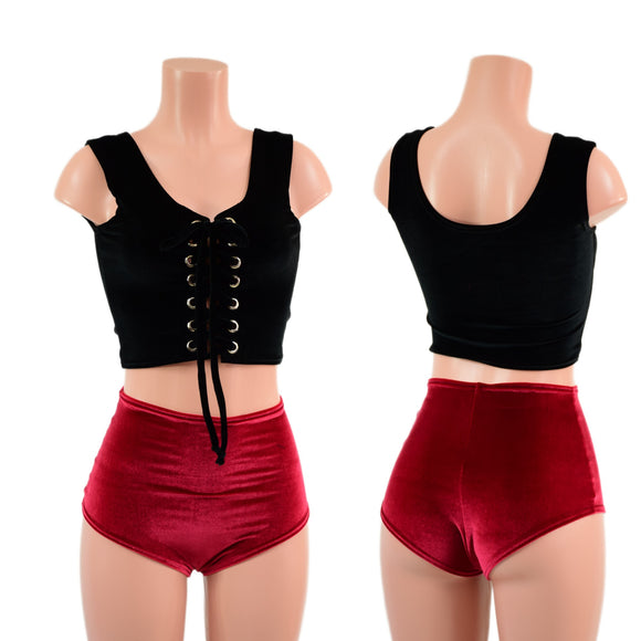 Black Velvet Laceup Crop Tank and Black Velvet High Waist Siren Shorts Set