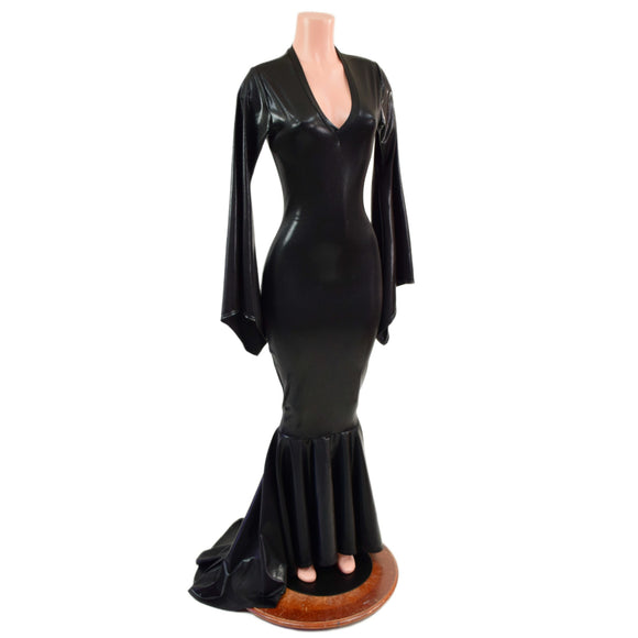 Black Mystique Metallic Morticia Puddle Train Gown with V Neck and Pointy Sleeves