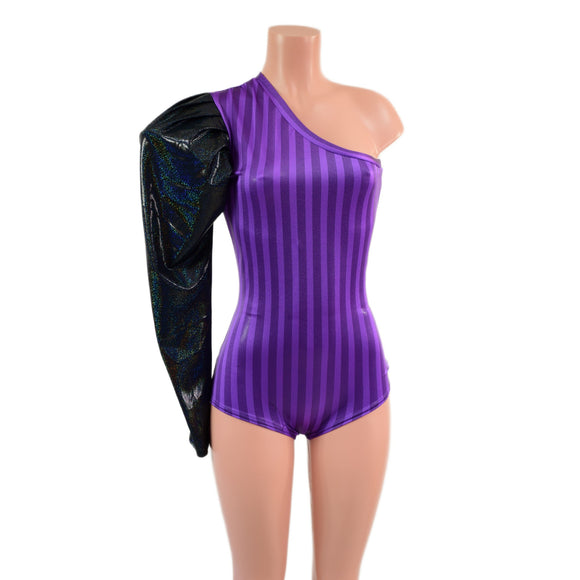 One Shoulder Romper with Victoria Sleeve and Siren Cut Leg