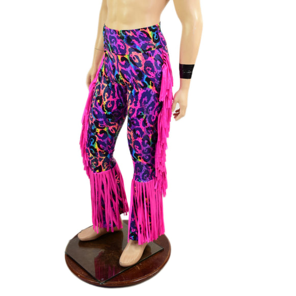 Rainbow Leopard Mens Bootcut Macho Pants with Gladiator Fringe
