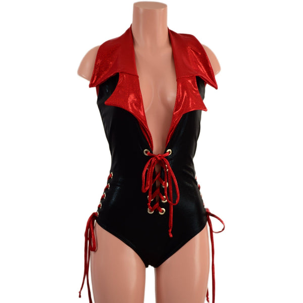 Backless Plunging Romper with Triple Laceup and Showtime Collar - 4