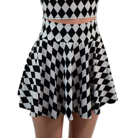 Black and White Diamond Print Circle Cut Mini Skirt