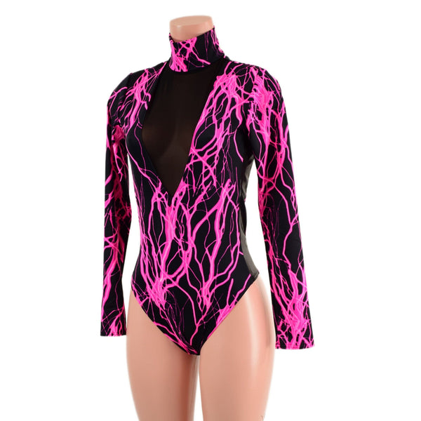 Neon Pink Lightning Romper with Black Mesh Inset Plunging V Neckline - 4