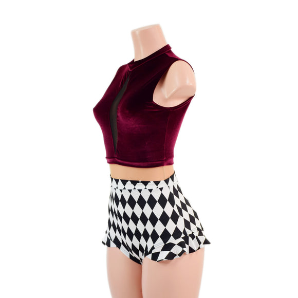 Burgundy Velvet, Diamonds, and Nude Mesh Romper with Inset Keyhole Neckline