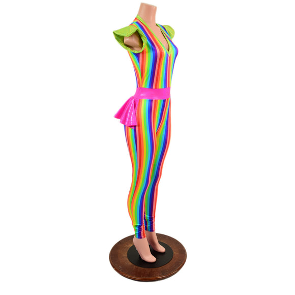 Rainbow Stripe Flip Sleeve Catsuit with Ruffle Rump