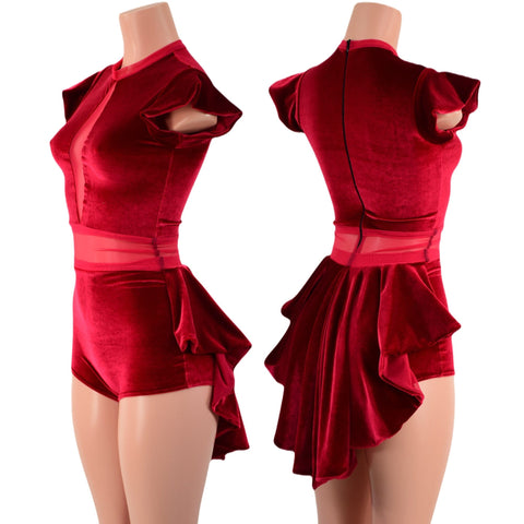 Red Velvet Romper with Inset Mesh Keyhole Neckline and Mini Tux Back Tails - Coquetry Clothing