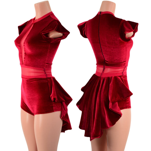 Red Velvet Romper with Inset Mesh Keyhole Neckline and Mini Tux Back Tails - 1